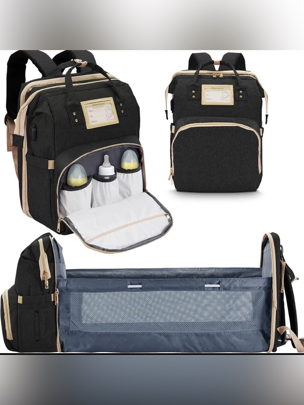 Black Diaper Backpack for women with Gold Trim